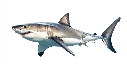 Obraz premium Great white shark swimming, isolated on a pure white background, highlighting its strong features and sleek form
