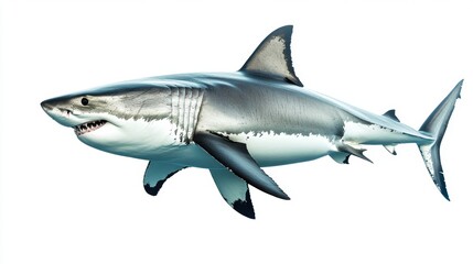 Naklejka premium Great white shark swimming, isolated on a pure white background, highlighting its strong features and sleek form