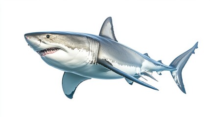 Obraz premium Great white shark swimming, isolated on a pure white background, highlighting its strong features and sleek form