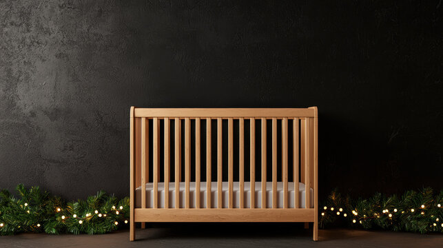 Wooden crib decorated for holidays against a dark wall backdrop.