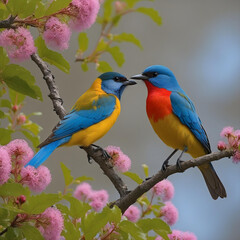 Fototapeta premium blue and yellow macaw fighting each other on tree