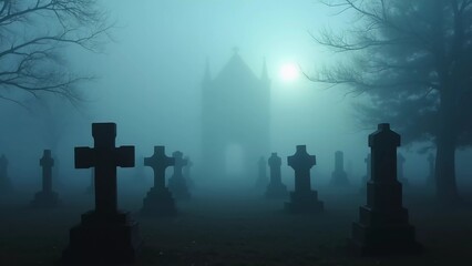 A hauntingly beautiful scene of an eerie fog enveloping a graveyard, with silhouetted tombstones and a mysterious building in the background, creating a chilling atmosphere of solitude and reflection