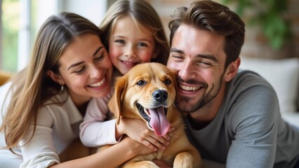 Fototapeta na wymiar A heartwarming family moment featuring a joyful couple and their adorable child cuddling with their playful dog, capturing the essence of love and happiness in a bright and cozy home environment
