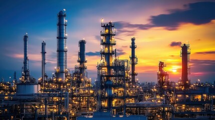 Fototapeta premium Industrial oil and gas zone, with massive equipment and refinery towers, illustrating the large-scale energy industry operations