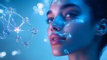 5. A captivating close-up portrait of a woman, her skin glowing, adorned with an intricate molecular structure of facial serum, all against a deep blue backdrop, creating a stylish advertising