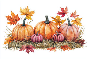 A vibrant watercolor illustration of pumpkins and autumn leaves, embodying the essence of fall and harvest season.