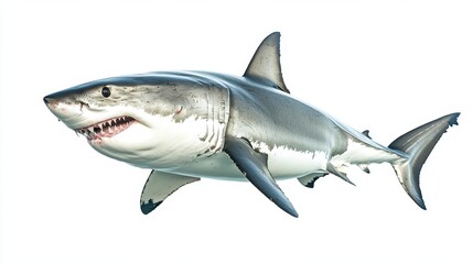 Fototapeta premium Massive great white shark isolated on a clean white background, displaying its streamlined body and sharp, predatory features