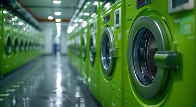 Row of Green Washers in a Laundromat