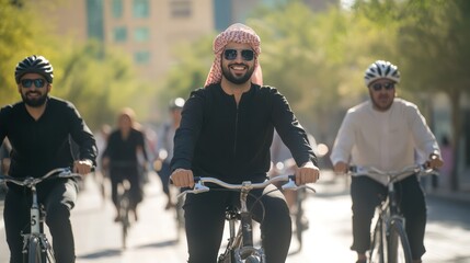 A multicultural group from Saudi Arabia, Iraq, and Oman biking together as part of a sustainable commuting initiative, reflecting eco-friendly urban mobility