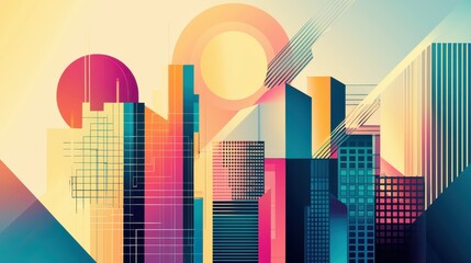 Fototapeta premium Abstract Geometric Cityscape with Bold Colors and Linear Patterns, Ai Generation