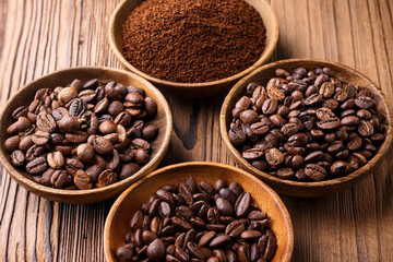 top view of different types of coffee beans over wooden table, editorial resources, coffee  types