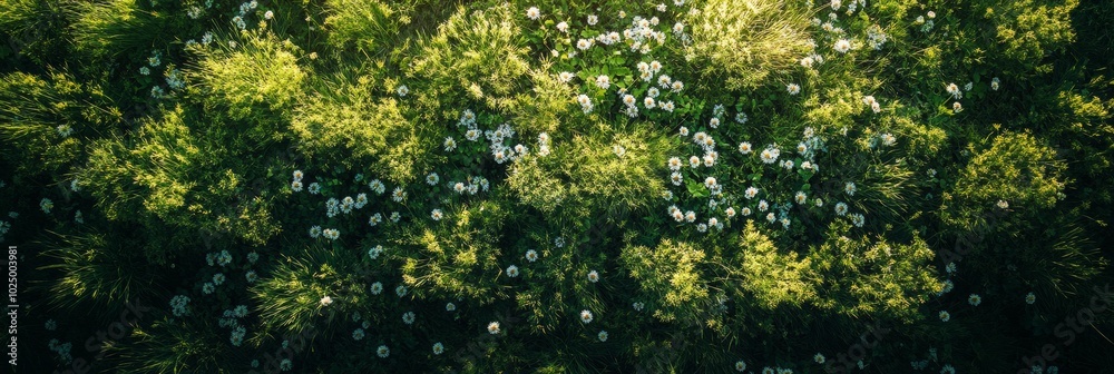 Wall mural lush meadow of vibrant green grass adorned with colorful wildflowers under bright sunlight, viewed f