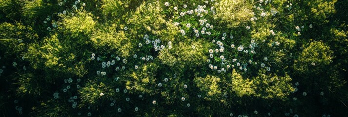 Fototapeta premium Lush meadow of vibrant green grass adorned with colorful wildflowers under bright sunlight, viewed from above