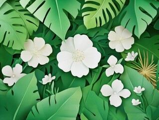 Elegant white flowers with lush green leaves in a beautiful setting, Elegant white flowers surrounded by lush green foliage in a serene environment