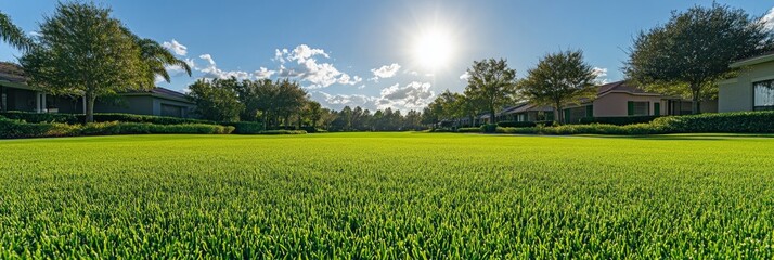 Fototapeta premium Lush Green Lawn Beneath Clear Blue Sky, Showcasing Vibrant Grass and Tranquil Outdoor Atmosphere