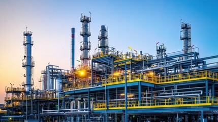 Fototapeta premium Oil refinery and gas processing plant, with complex piping systems and industrial structures, set against a clear background