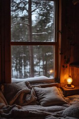 A bedroom with a view of a snowy forest, a cozy lamp on a wooden shelf, and a soft bed by the window.