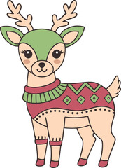 Cute cartoon deer in winter sweater with antlers and festive colors