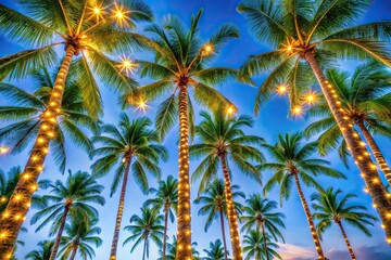 Symmetrical Tropical Christmas Coconut trees with LED lights wrapped around trunk against blue sky background