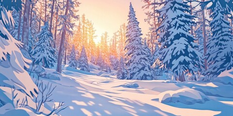 Stunning winter landscape featuring sunlight filtering through pine trees in the afternoon , Winter landscape with sunlight through pine trees in the afternoon