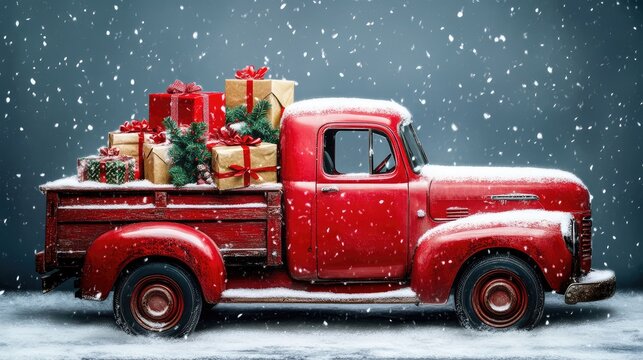 Naklejki Classic red vintage truck parked on rural road under golden sunlight, highlighting nostalgic retro automotive design, timeless travel spirit, and countryside vehicle charm. AI generated illustration.