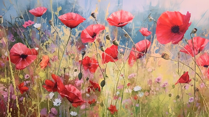 Obraz premium Lush Summer Landscape A Sea of Red Poppies Flourishing in the Sun