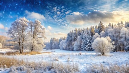 Obraz premium Winter landscape with snowfall and blizzard, trees, dry grass, field, panoramic view, reflection
