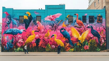 Urban Wildlife Mural with Interactive Animals, a colorful street art scene blending nature and city life, showcasing vibrant wildlife against urban backdrop