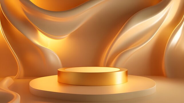 4. A striking 3D rendering of an abstract gold podium surrounded by soft lighting and flowing shapes, designed to create a captivating backdrop for product presentations