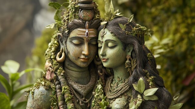 A biodegradable statue of Lord Shiva and Parvati, crafted from recycled materials and adorned with natural, plant-based colors, symbolizing balance, love, and respect for the environment