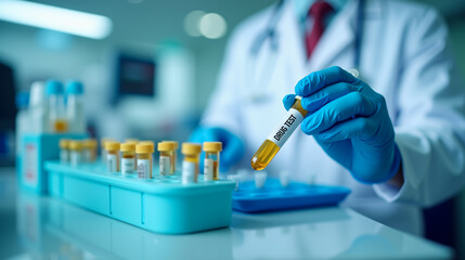 Close-up of a laboratory professional holding a urine sample labeled Drug Test. Drug Detection Test in Toxicology Laboratory. Medical Toxicological Analysis.