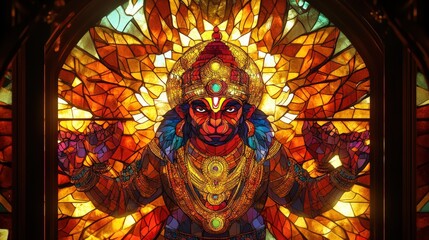 A bold stained glass of Lord Narasimha, emerging from the pillar with deep reds and golds casting an intense light, symbolizing his fierce protection and divine justice
