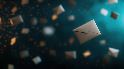 Ethereal envelopes float gracefully in dreamy teal and indigo backdrop, creating magical atmosphere filled with shimmering particles