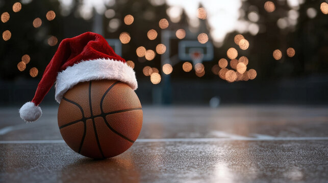 Festive basketball wearing Santa hat on court with twinkling lights creates joyful holiday atmosphere. Perfect for celebrating season!