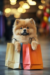 Cute Pomeranian dog sits on gray floor, holding pink, orange shopping bag in mouth. Fluffy brown coat, white paws. Dog eyes closed, head tilted left. Store with colorful balloons in blurred