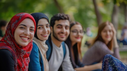 Fototapeta premium A multicultural group from Turkey, UAE, and Iraq spending time in an urban park, blending cultural diversity with a focus on health and well-being in green spaces