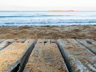 Landscape sea and wooden planks background