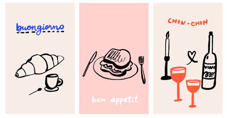 Cafe posters set, breakfast croissant with coffee cup, toasted bread for lunch, romantic dinner with wine glasses and candles. Modern trendy doodle drawing prints