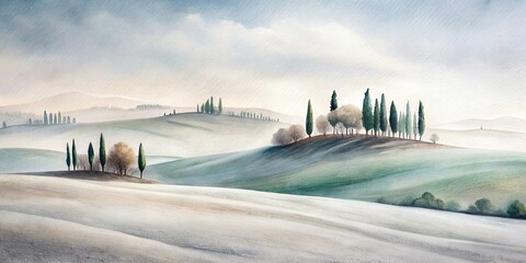 Wintery Tuscan hillscape painted in minimalist watercolor style