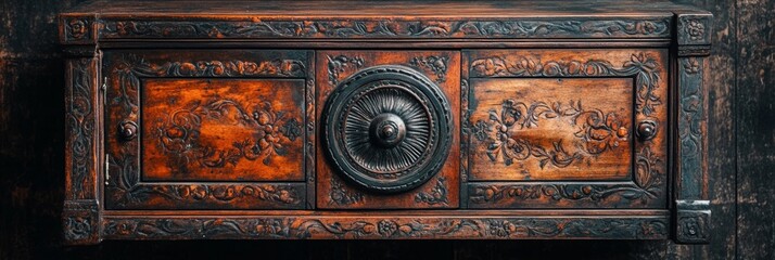 Intricately Carved Vintage Wooden Cabinet, showcasing rich patina and detailed craftsmanship, viewed from above for enhanced appreciation of design.