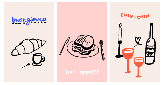 Cafe posters set, breakfast croissant with coffee cup, toasted bread for lunch, romantic dinner with wine glasses and candles. Modern trendy doodle drawing prints