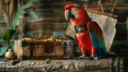 Parrot adorned in a pirate costume, overlooks a treasure map and a small chest filled with gold coins on a rustic wooden perch. Treasure hunt adventure in exotic lands