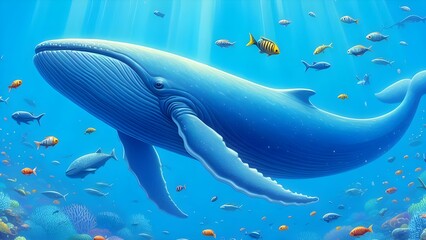 Fototapeta premium exiting large big whale in the ocean eats ornamental fish