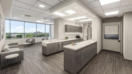 Fototapeta premium Sleek and Bright Modern Coworking Space with Open Desks Natural Light and Minimalist Furniture Ideal Workspace for Collaborative and Creative Professionals