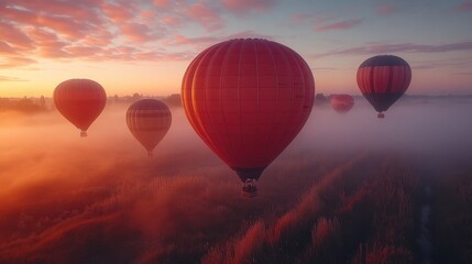 Fototapeta premium Misty Morning Flight: Hot Air Balloons Soaring at Dawn - Aerial View Captured with DJI Mavic Air 2 and Wide Angle Lens in Soft Pastel Hues