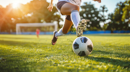 Woman footballer kicking football match game. Young female girl soccer player feet running after the ball on green grass. Running female soccer football player