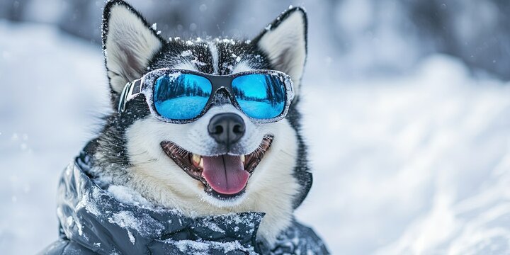 husky snowboarding, in cool snowboarding glasses, in clothes, happy