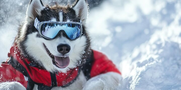 husky snowboarding, in cool snowboarding glasses, in clothes, happy