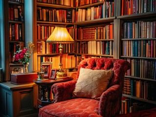 Home library with vibrant books, cozy setup, soft lighting.