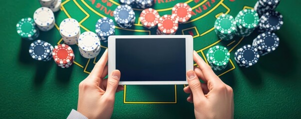 Hand holding a tablet over a green felt gaming table with poker chips.